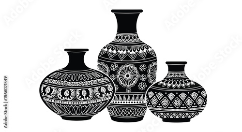 Intricate black and white vase designs a decorative still life silhouette