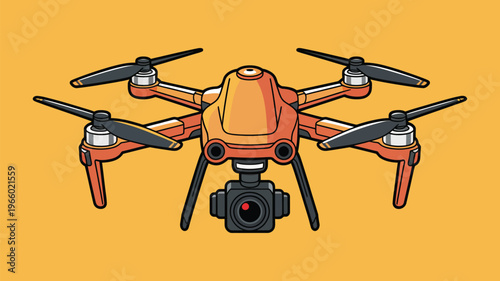 A quadcopter drone with a mounted camera ready for aerial photography or surveillance. Vector, illustration
