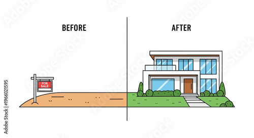 A split view showcases a property s transformation from unkempt land to a modern home utilizing a striking silhouette high quality professional