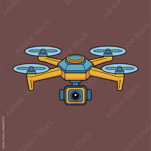 A colorful quadcopter drone with a mounted camera on a purple background Vector, illustration
