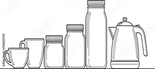 Line drawing of kitchenware and brewing equipment arranged by size Vector