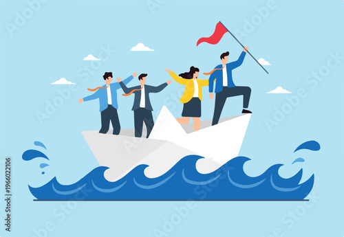Flat illustration of team guiding paper boat through turbulent waters, symbolizing crisis management