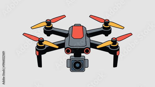 A quadcopter drone with colorful propellers and a mounted camera at the front Vector, illustration
