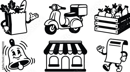 Black and white grocery bag mascot waving with delivery scooter crate bell shop and walking receipt vector set