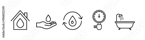 Water supply and plumbing outline icon set featuring eco house, water drop in hand, recycle droplet, pressure gauge, and bathtub vector illustration on editable stroke