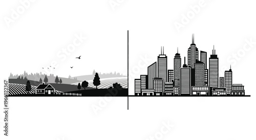A contrasting landscape depicts rural fields and a modern cityscape divided by a vertical line in striking silhouette high quality professional