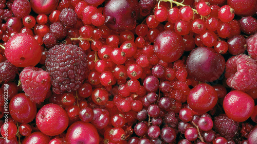 A vibrant macro top-view of a fresh forest berry mix featuring glistening red currants, ripe raspberries, juicy cranberries, and dark cherries a lush, high-resolution texture for healthy food.