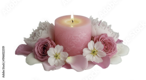 Pink candle surrounded by flowers and petals on white background