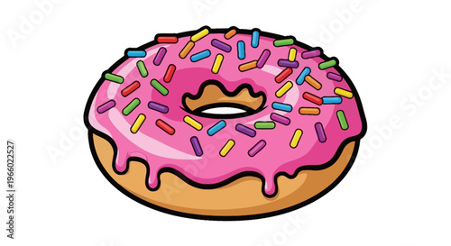 Pink frosted donut with colorful sprinkles.