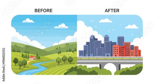 A visual comparison showing a rural landscape transforming into a modern cityscape highlighting urban development silhouette high quality professional detailed