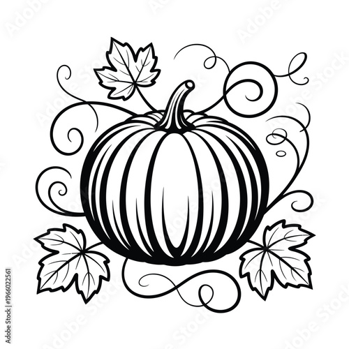Detailed black and white illustration of a pumpkin with leaves and vines