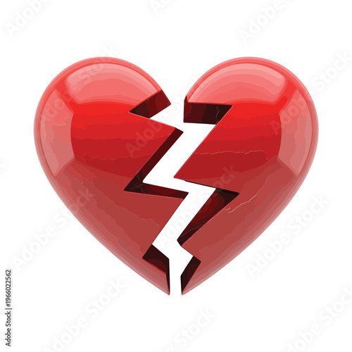 A glossy red heart is visually fractured symbolizing heartbreak and loss