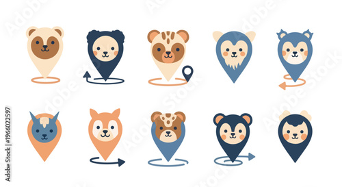 Flat lay of various animal faces with map pins on a white background in a minimalistic style with a playful and navigation-themed mood.