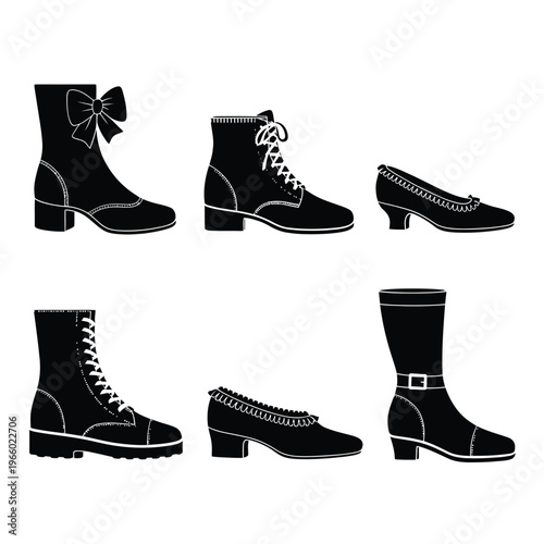 Variety of black silhouette boots and shoes arranged in a collection