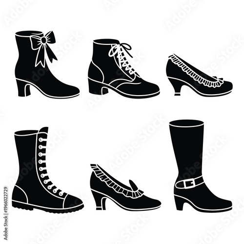 Black and white silhouettes of various women s footwear styles