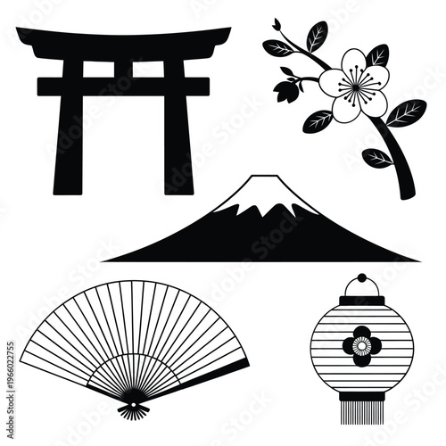 Japanese iconography Torii gate mount fuji fan and blossom imagery