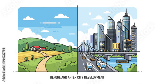 A vibrant comparison of rural landscapes and modern cityscapes portrays the impact of development with a striking silhouette high quality professional