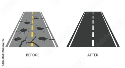 A visual comparison depicts road damage before and after repairs highlighting infrastructure improvement with a dark silhouette high quality professional detailed