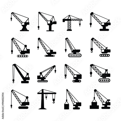 Collection of black silhouette construction cranes in various designs and perspectives