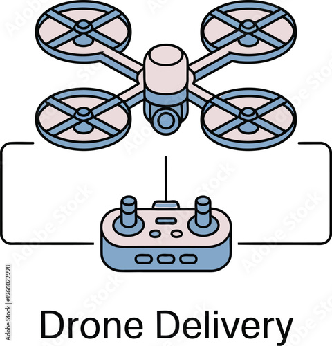 Quadcopter drone controlled by a handheld remote for delivery purposes Vector, illustration
