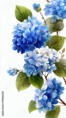 Blue Hydrangea Blooming Branch with Soft Floral Details and Leaves