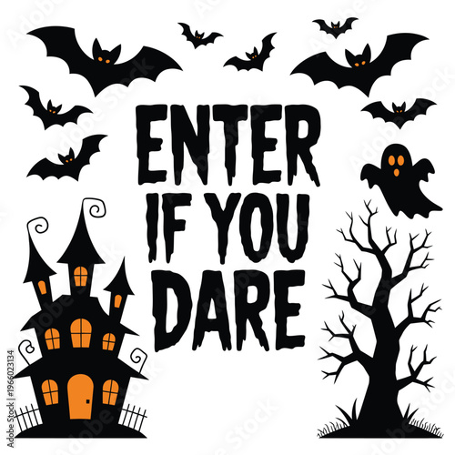 A spooky halloween scene with bats a ghost castle and warning text