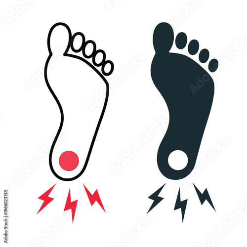 Foot illustrations showing pain and a footprint with radiating energy