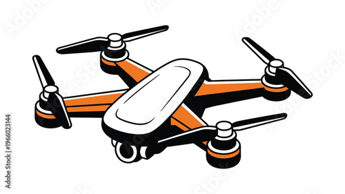 A stylized quadcopter drone with four propellers and orange accents on arms Vector, illustration
