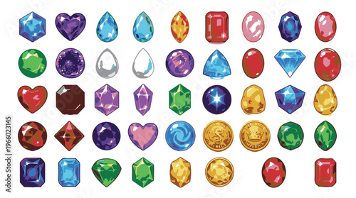 Collection of colorful cartoon gemstones and gold coins for game design
