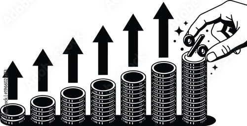 Black and white vector hand placing coin on rising stack of coins with arrows