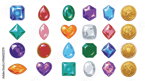 Set of fantasy game gems and ancient gold coins icons