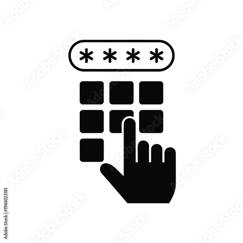 Simple black and white icon depicting a pin pad with a finger pressing a button