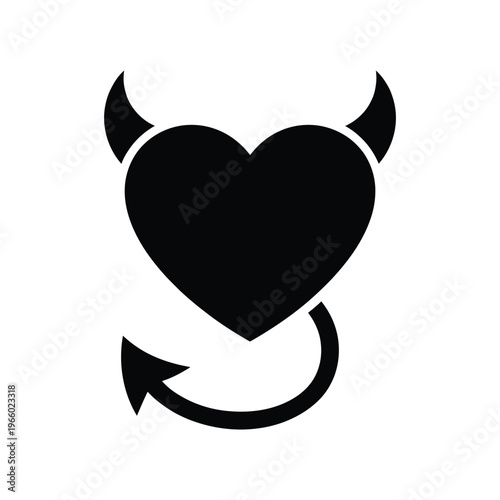 A black heart shape with devil horns and a curled tail icon