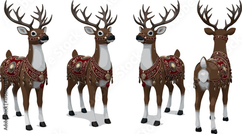 Ornate decorative deer illustration set with intricate patterns, tribal ornaments, detailed antlers, and stylized wildlife character design collection