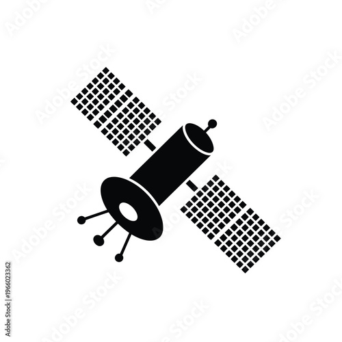 A simple black silhouette of a satellite in outer space