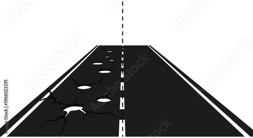 A cracked road stretches toward the horizon with a stark division creating a dramatic silhouette high quality professional detailed modern elegant