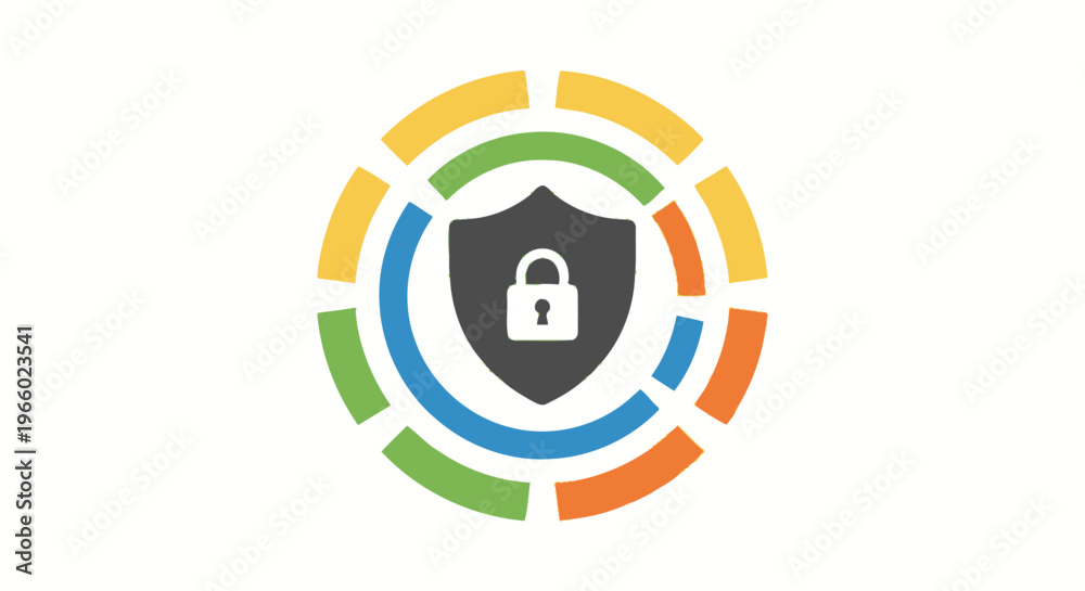 Obraz premium A shield with a padlock surrounded by colorful segments.