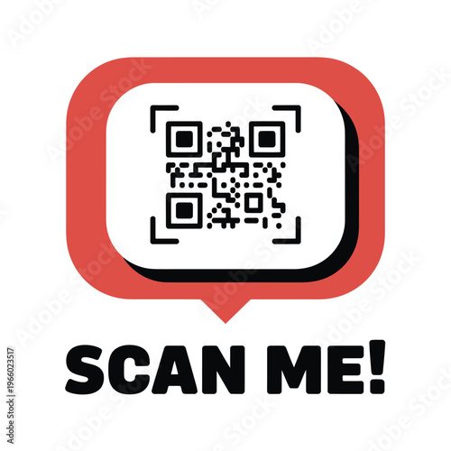 A red speech bubble icon displaying a qr code and text