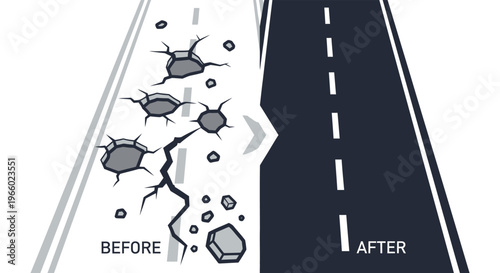 A stark contrast depicts road damage transitioning to repair visually representing progress and solution silhouette high quality professional detailed modern elegant