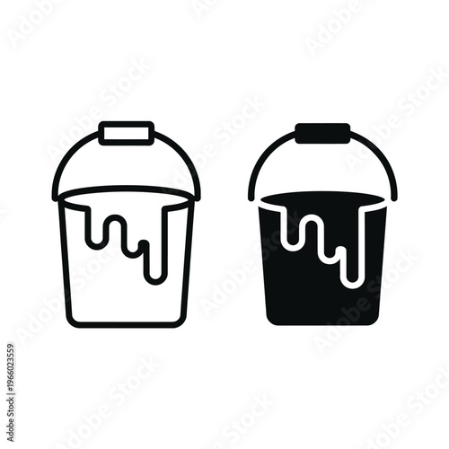 Two black and white illustrations of paint buckets with dripping liquid