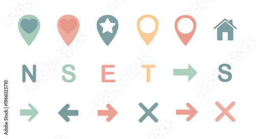 Flat lay of various navigation and direction icons on a white background with pastel colors.