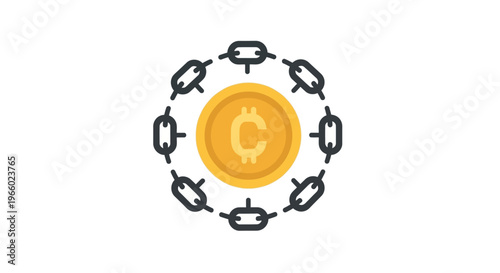 Cryptocurrency coin surrounded by chain links.