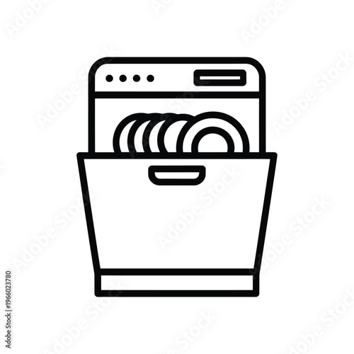 A simple line drawing depicts a dishwasher with stacked plates inside