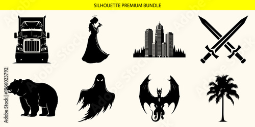 Collection of various black silhouette icons