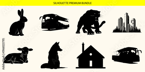 Black silhouette icons of various animals and objects