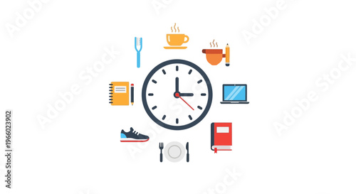 icon of clock surrounded by daily life objects.