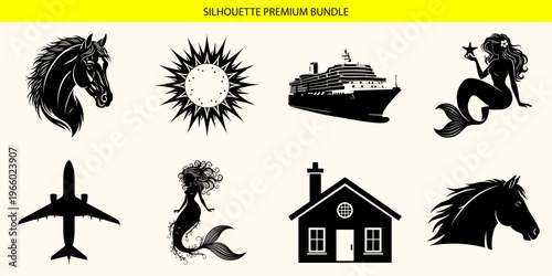 Collection of various transportation and mythical creatures icons