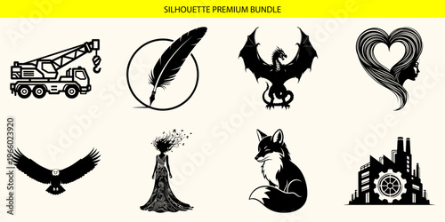 A collection of eight black and white animal and object silhouettes