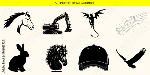 Black silhouette icons of various animals and objects