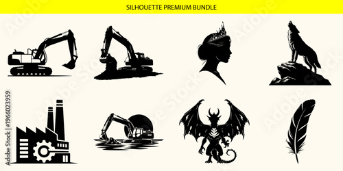 Collection of industrial and mythological black silhouettes